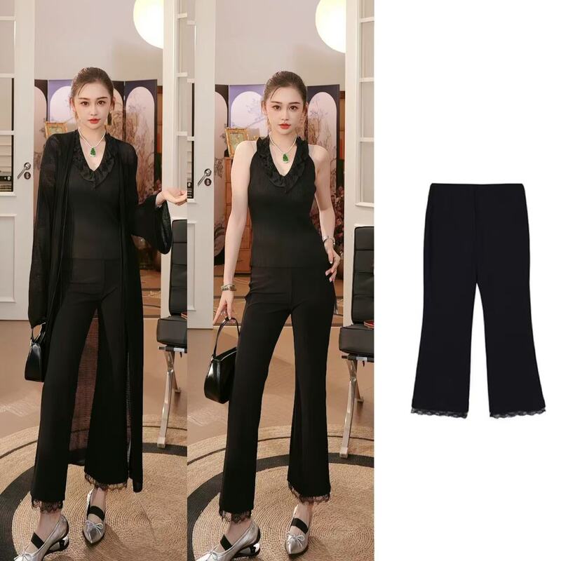 [Pink Grandpa] Lace Patchwork Slim-Fit Cropped Flared Pants 632422X