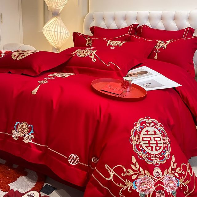 Premium sense wedding four-piece set red wedding embroidery quilt cover bed sheet wedding wedding quilt bedding wedding wedding