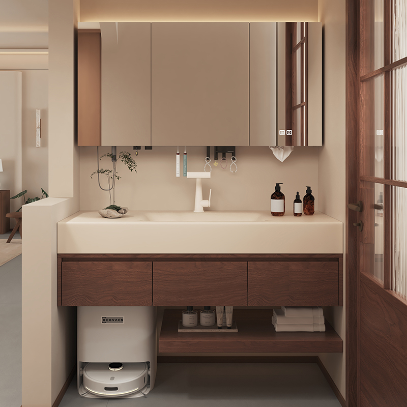 Nanjiajiang Antique-Style Rock Slab Integrated Basin Bathroom Cabinet Set with Robot Vacuum Base and Washbasin for Bathroom
