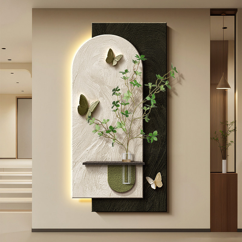 Medieval-Style Butterfly Decorative Painting for the Entrance, High-End Green Plant Shelf, Entryway Corridor Wall Art, Sandstone Mural