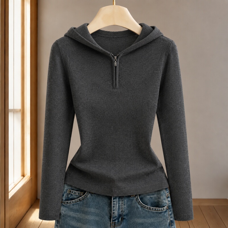 Casual Style Half-Zip Hooded Knit Top for Petite Figures, Long-Sleeved, Slim-Fit, Flattering Top for Commuting, New Autumn 2026 Collection Casual Style Half-Zip Hooded Knit Top for Petite Figures, Long-Sleeved, Slim-Fit, Flattering Top for Commuting, New Autumn 2026 Collection