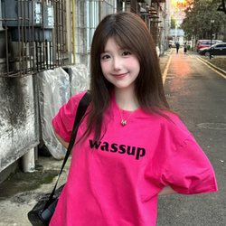 Wassup American Retro Style Short-Sleeved T-Shirt for Women 2025 Summer Rose Red Design Niche Loose Top