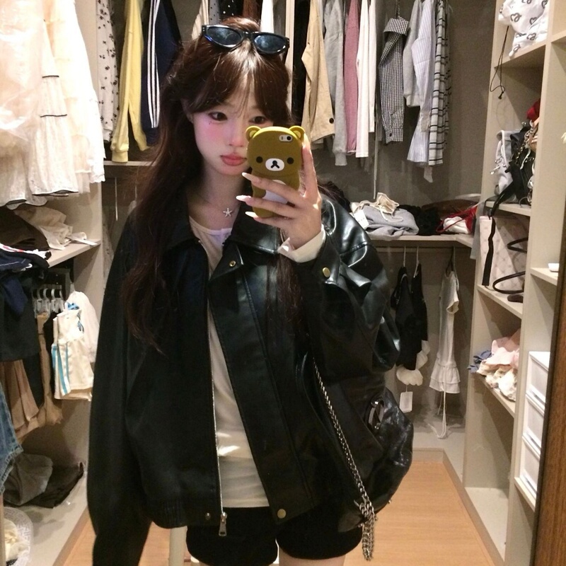 Wassup Petite Retro High-End Black Pu Leather Jacket for Women, Autumn Korean Style Loose Fit Biker Jacket