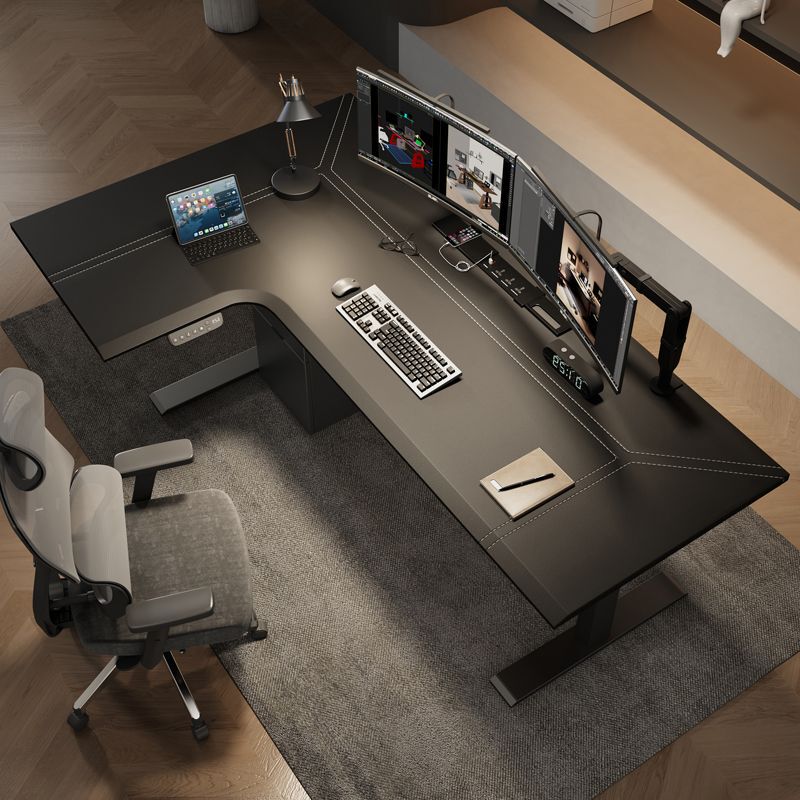 Corner Electric Lift Table L-Shaped Corner Leather Workbench Desk Home Gaming Computer Desk Solid Wood Office Desk