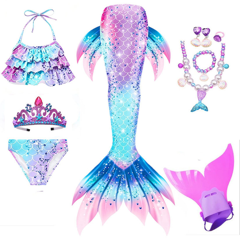 Children's Mermaid Tail Swimsuit Summer Three-Piece Set for Girls, Princess Dress Bikini, Split Hot Spring Swimwear