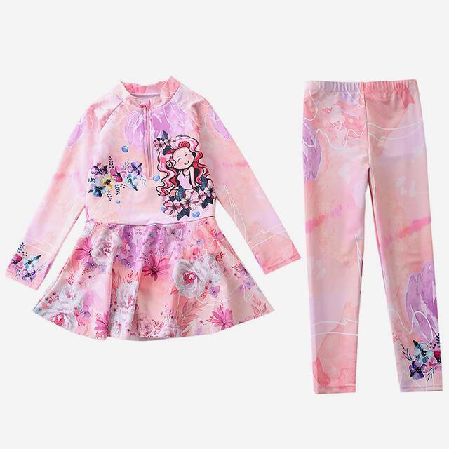 New Style Children's Swimsuit for Girls, One-Piece with Extended Pants, Long-Sleeve, Sun-Protective, Conservative Swimwear, Hot Spring Swimsuit