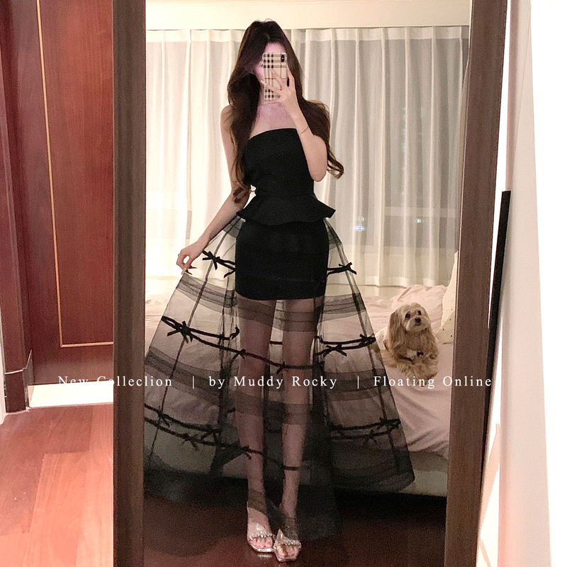 Tube Top Dress, High-End Party Dress, Engagement Dress, Puffy Skirt, Black Satin Birthday Dress, Long Dress Tube Top Dress, High-End Party Dress, Engagement Dress, Puffy Skirt, Black Satin Birthday Dress, Long Dress