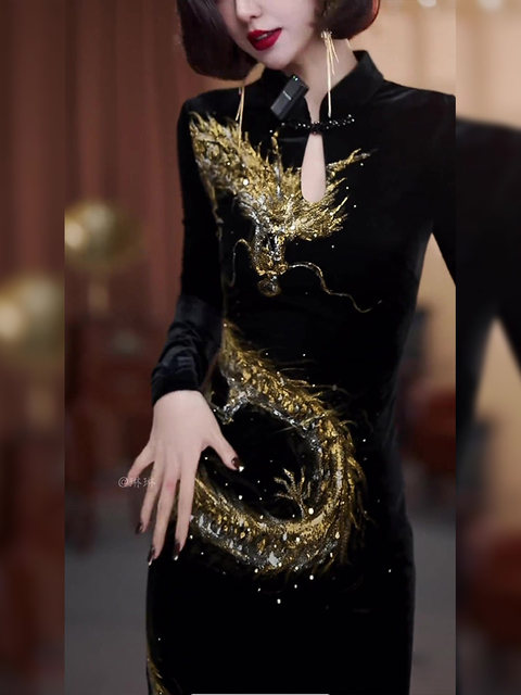 Mijie 2025 New Chinese-Style Improved Cheongsam with a Goddess-Like Temperament, Light Luxury and High-End Feel, Black Hand-Painted Dress