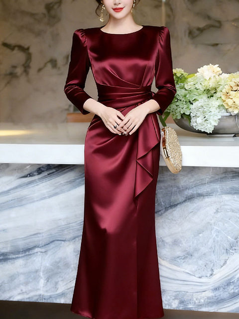 Mijie's gentle, high-end temperament round neck burgundy satin dress women's waist long skirt slim and elegant dress