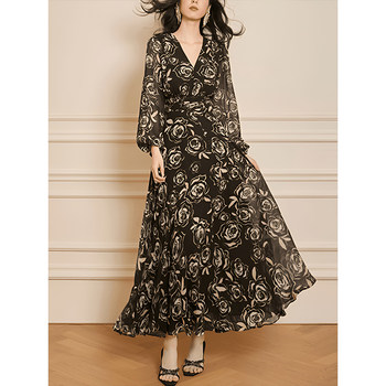 Mijie Original 2025 Spring Vintage Rose Print Long Dress Elegant High-Waisted V-Neck Dress with Ruching