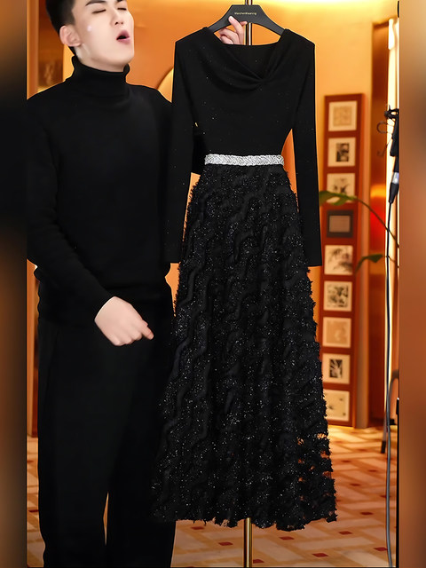 Mijie 2026 Spring Black Sequin Dress for Women, High-End Waist-Cinching Slimming Long Dress with a Luxurious and Elegant Style