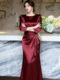 Mijie's gentle, high-end temperament round neck burgundy satin dress women's waist long skirt slim and elegant dress