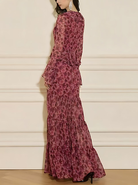 Mijie's 2025 Autumn New Stylish Red Maple Print Suit Dress for Women, Elegant and Slimming Two-Piece Set