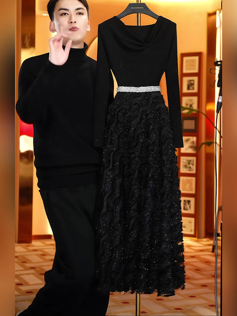 Mijie 2026 Spring Black Sequin Dress for Women, High-End Waist-Cinching Slimming Long Dress with a Luxurious and Elegant Style