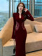 Mijie 2025 Winter New Chinese Style Burgundy Embroidered Dress Women's Long Sleeve High-End Waist-Cinching Bodycon Long Dress