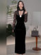 Mijie French-Style Halter V-Neck Lace Patchwork Velvet Dress for Women, Waist-Cinching, Slimming, Slit, Bodycon Long Dress, Sexy