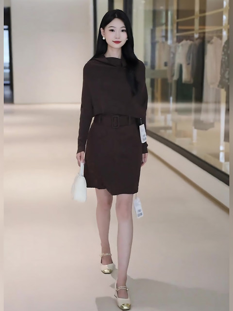 Mijie 2025 Autumn New Fashionable Coffee-Colored Fake Two-Piece Pleated Dress for Women, Elegant and Slimming Mid-Length Dress