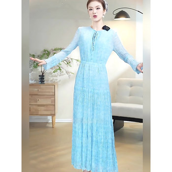 Mijie 2026 Light Blue Oxygen Girl Style Long-Sleeve Dress for Women, Waist-Cinching, Slimming, Elegant Long Dress, Fashionable and Versatile