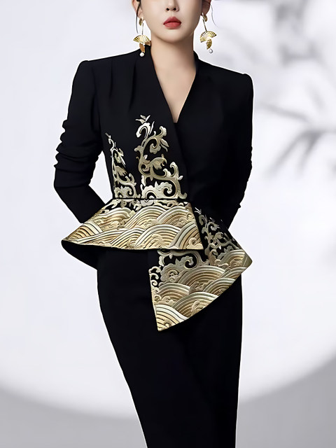 Mijie 2025 new autumn style black V-neck jacquard beautiful design elegant temperament high-end slimming top