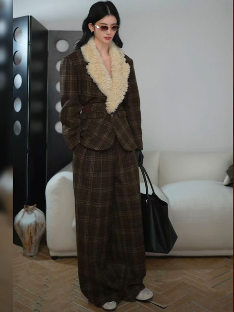 Mijie New Old Money Style Patterned Wool Collar Suit Women's Autumn and Winter Waist Deconstructed Woolen Jacket Wide Leg Pants