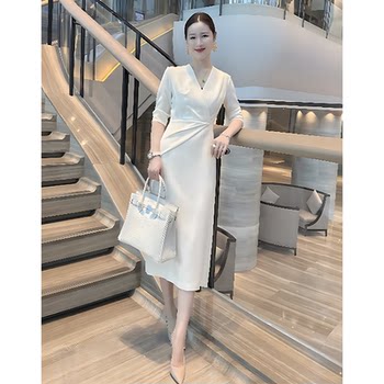 Mijie 2025 Autumn New Fashionable Age-Reducing White Dress for Women, Elegant, Stylish, Versatile, Slimming Long-Sleeve Dress