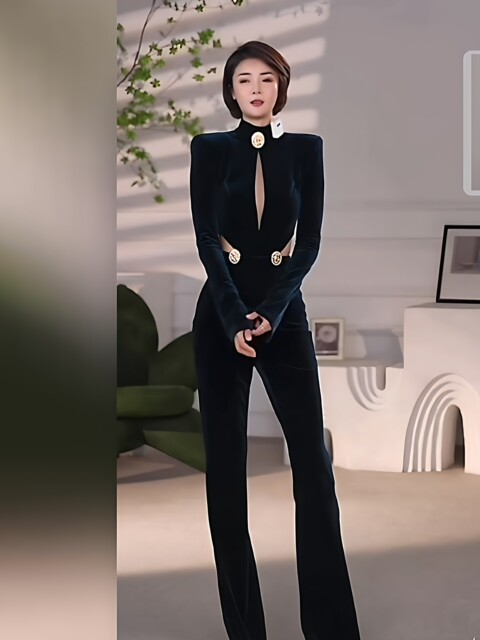 Mijie 2025 Winter Fashion Evening Style Jumpsuit for Women, Deep Blue V-Neck, Long Sleeves, High Waist, Slightly Flared, Elegant and Stylish