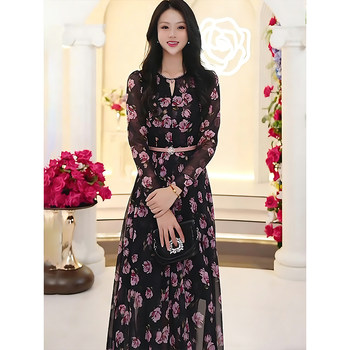 Mijie 2026 Spring French Romantic Style Floral Dress for Women, Long Sleeve, Waist-Cinching, Slimming, Vacation Style, Elegant Long Dress