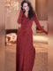 Yijie's Gentle and Elegant V-Neck Ruffled Orange-Red Lace Dress for Women, Slimming, Classy, and Age-Reducing Long Dress
