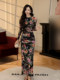 Mijie 2025 Summer New Women's Black Printed Long-Sleeved Dress, Elegant and Flattering, Waist-Cinching and Slimming Dress
