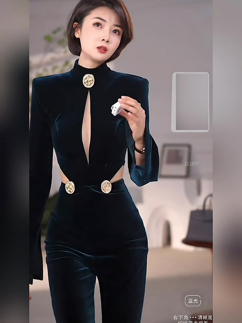 Mijie 2025 Winter Fashion Evening Style Jumpsuit for Women, Deep Blue V-Neck, Long Sleeves, High Waist, Slightly Flared, Elegant and Stylish