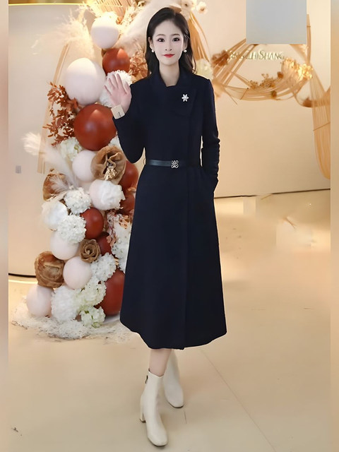 Mijie 2025 Autumn New Fashionable Dark Blue Slim-Fit Waist-Enhancing Dress for Women, Elegant and Slimming Mid-Length Dress