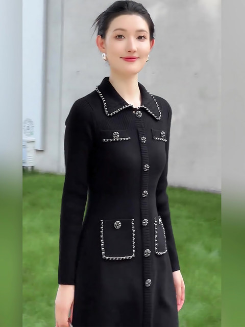 Mijie 2025 Autumn New Stylish Black Chanel-Style Knitted Dress for Women, Elegant and Slimming Mid-Length Dress