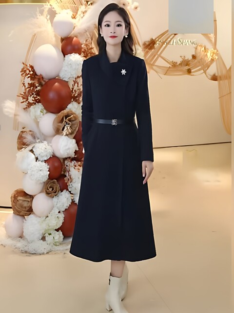 Mijie 2025 Autumn New Fashionable Dark Blue Slim-Fit Waist-Enhancing Dress for Women, Elegant and Slimming Mid-Length Dress