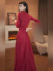 Mijie 2025 new autumn French fashion retro red V-neck long-sleeved dress women's waist slimming long skirt