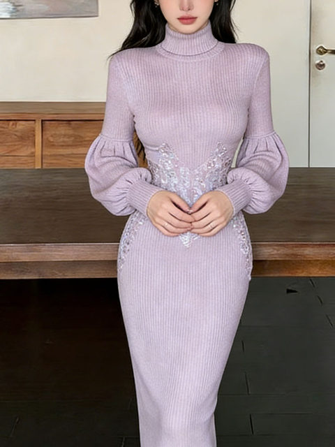 Mijie Autumn and Winter New Chinese Style Taro Purple Bat Sleeve Knitted Dress Women's Slim Fit Hot Diamond Embroidered Long Skirt High-end
