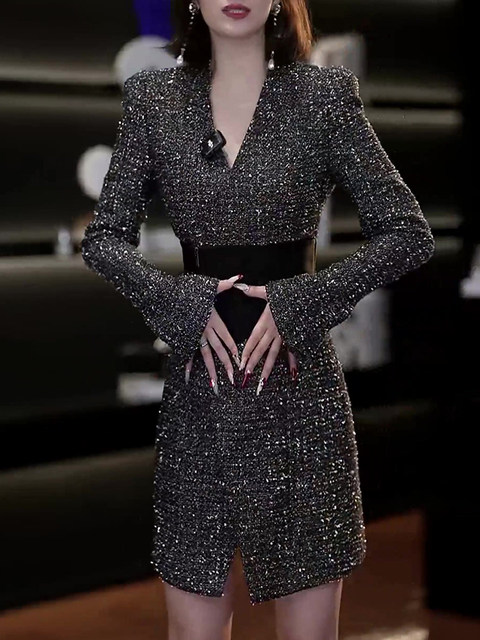 Mijie French style capable temperament V-neck dress for women 2025 autumn new style girdle waist slimming silver skirt