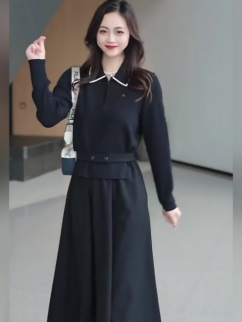 Mijie 2026 Spring French-Style Black Dress with Lapel Collar, Waist-Cinching, Slimming Mid-Length Dress with an Elegant and Mature Look