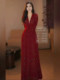 Mijie 2026 Spring Vintage Red Lace Dress for Women V-Neck Waist-Cinching Slimming Long Dress High-End Elegant Dress