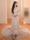 Mijie 2025 Winter French Elegant V-Neck Sequin Dress for Women, White Slimming High-End Waist-Cinching Long Dress