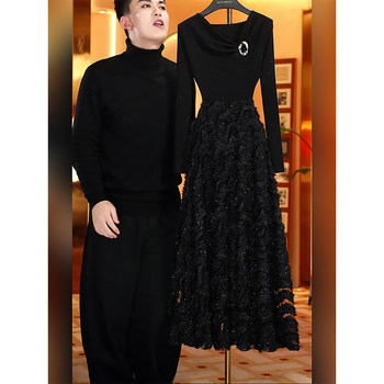 Mijie 2026 Young Luxury Black Long-Sleeve Dress for Women, Waist-Cinching, Slimming, High-End, Elegant Long Dress with Intricate Shiny Threads