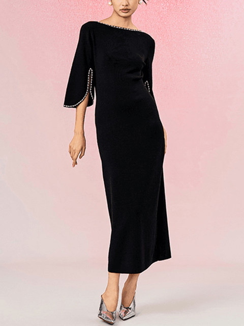 Mijie French-Style Black V-Neck Dress, Elegant and Graceful, with Shawl, Mid-Sleeve Little Black Dress, Slim-Fit Formal Long Dress, Two-Way Wear