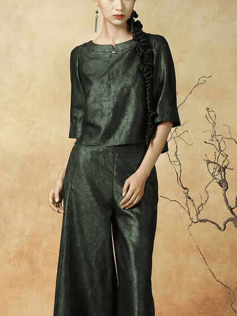 Mijie 2025 Summer New High-End Elegant Fragrant Cloud Silk Turtle Pattern Loose Mid-Sleeve Top and Wide-Leg Pants Two-Piece Set