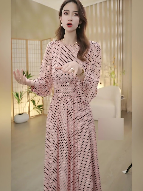 Mijie 2026 Spring Ladylike Style Pink Polka Dot Dress Women's Long Sleeve Waist-Cinching Slimming Elegant Mid-Length Dress
