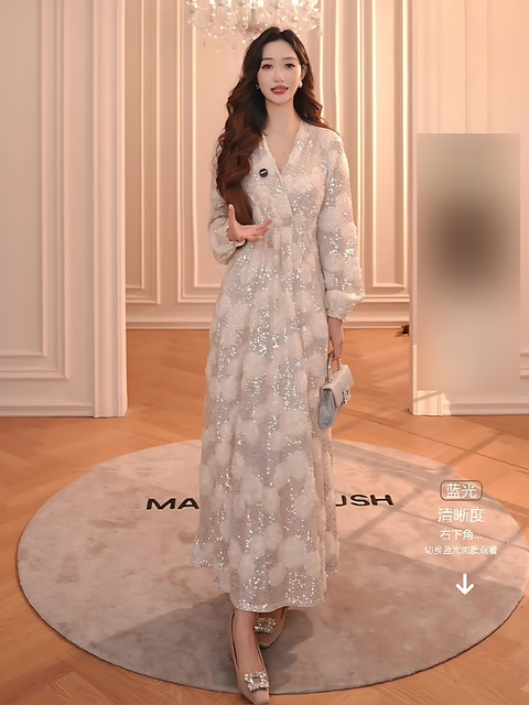 Mijie 2025 Winter French Elegant V-Neck Sequin Dress for Women, White Slimming High-End Waist-Cinching Long Dress