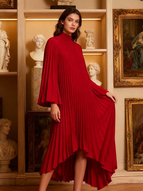 Mijie's Light Luxury and Elegant Style Stand-Up Collar Pleated Dress for Women, Red Long Skirt with Asymmetrical Hem, High-End and Slimming
