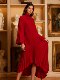 Mijie's Light Luxury and Elegant Style Stand-Up Collar Pleated Dress for Women, Red Long Skirt with Asymmetrical Hem, High-End and Slimming