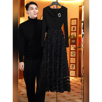 Mijie 2026 Spring New Luxury Style Black Lace Patchwork Dress for Women, High-End Slimming Elegant Long Dress