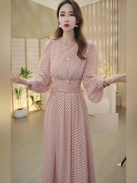 Mijie 2026 Spring Ladylike Style Pink Polka Dot Dress Women's Long Sleeve Waist-Cinching Slimming Elegant Mid-Length Dress
