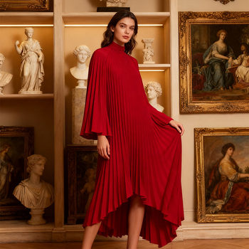 Mijie's Light Luxury and Elegant Style Stand-Up Collar Pleated Dress for Women, Red Long Skirt with Asymmetrical Hem, High-End and Slimming
