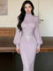 Mijie Autumn and Winter New Chinese Style Taro Purple Bat Sleeve Knitted Dress Women's Slim Fit Hot Diamond Embroidered Long Skirt High-end